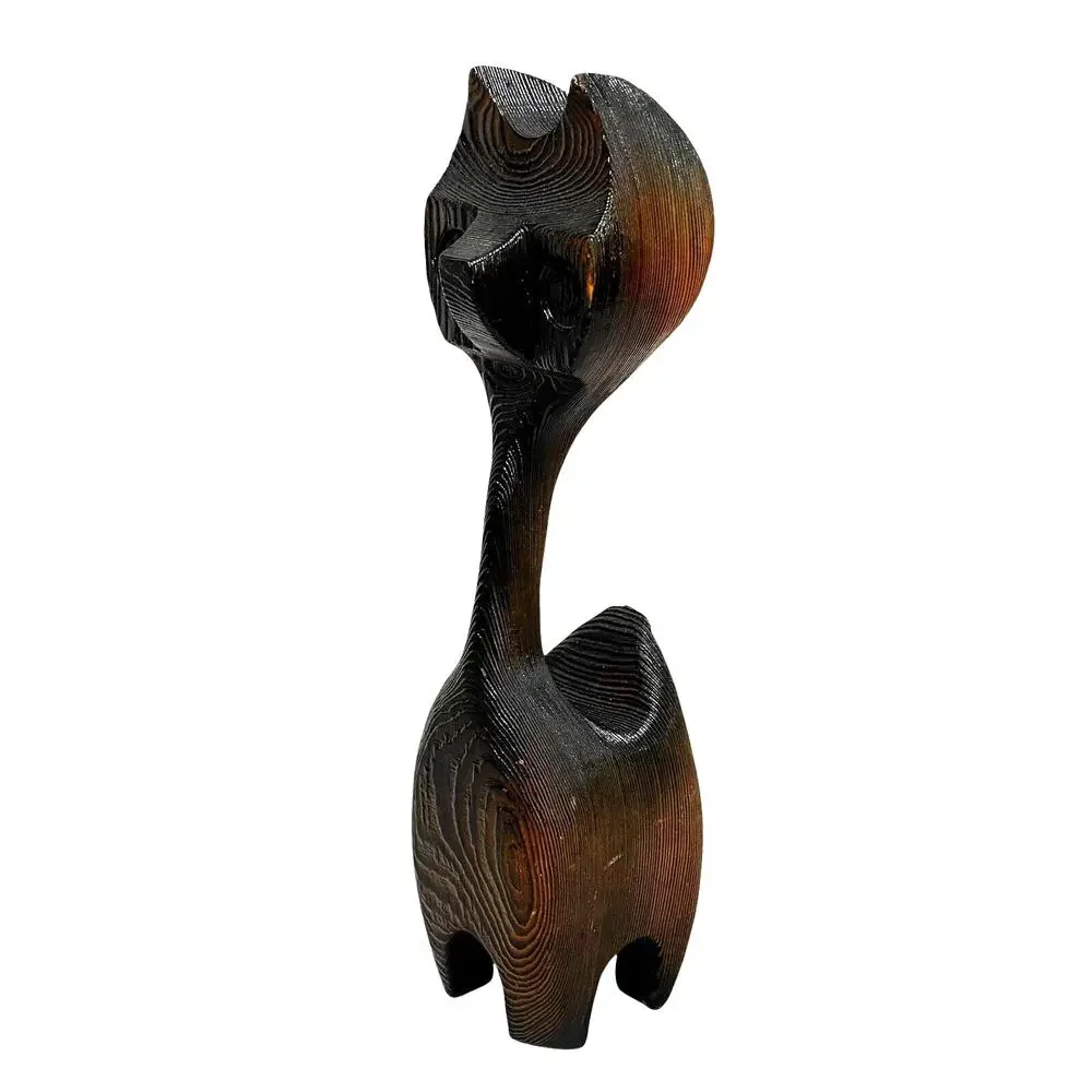 Unique vintage carved wood cat figurine 1970's dark brown textured wood grain